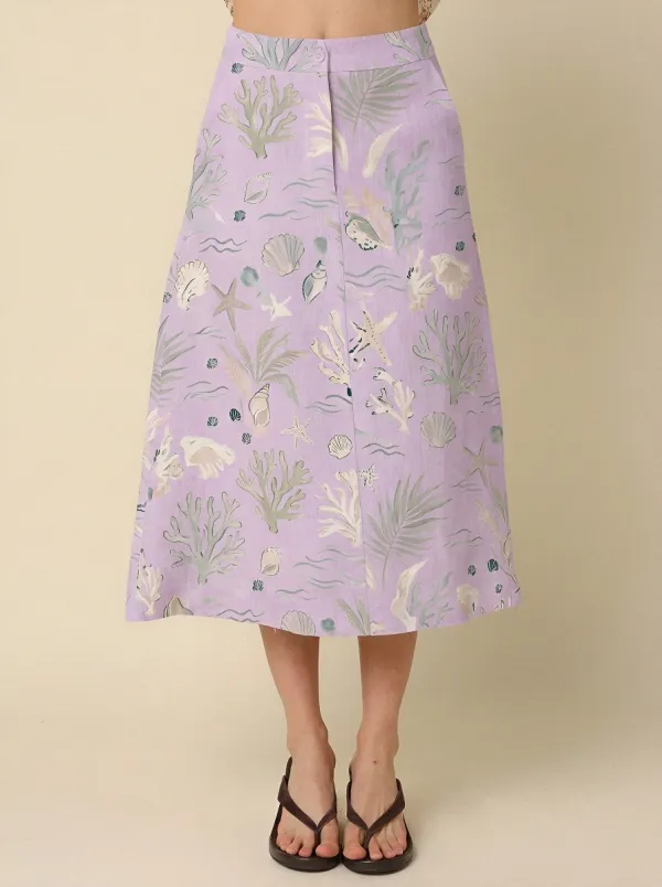 Women's Beach Lover Coral Seashell Printed Midi Skirt