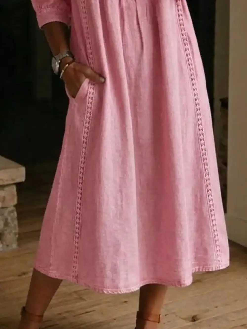 V-Neck Three-Quarter Sleeve Midi Dress