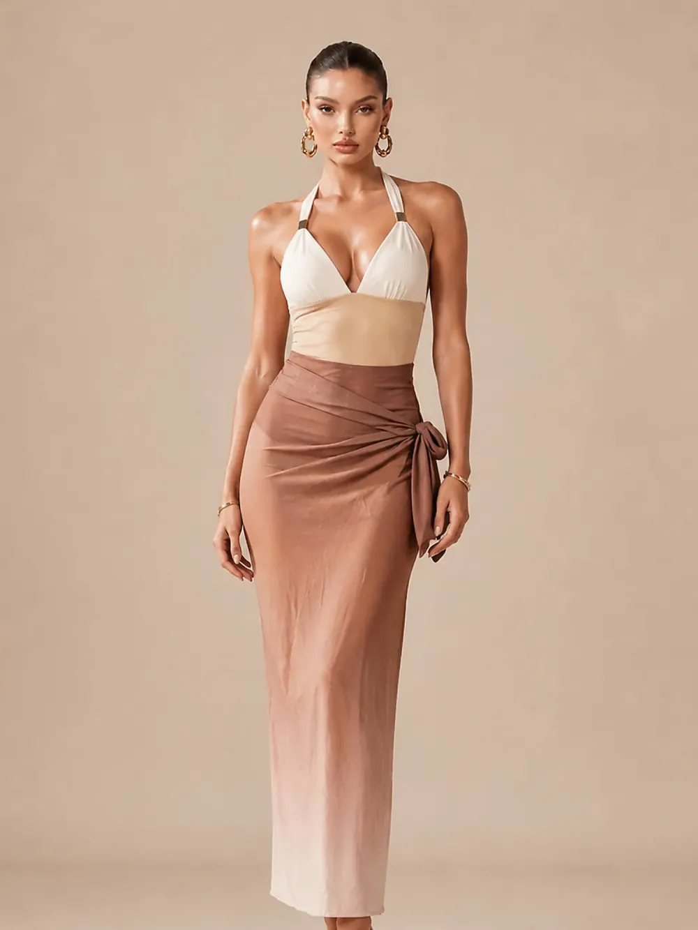 Riley White and Brown Color-Block Swimsuit Set