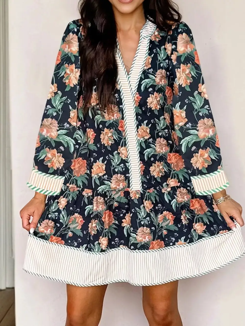 Floral Striped V Neck Mini Dress