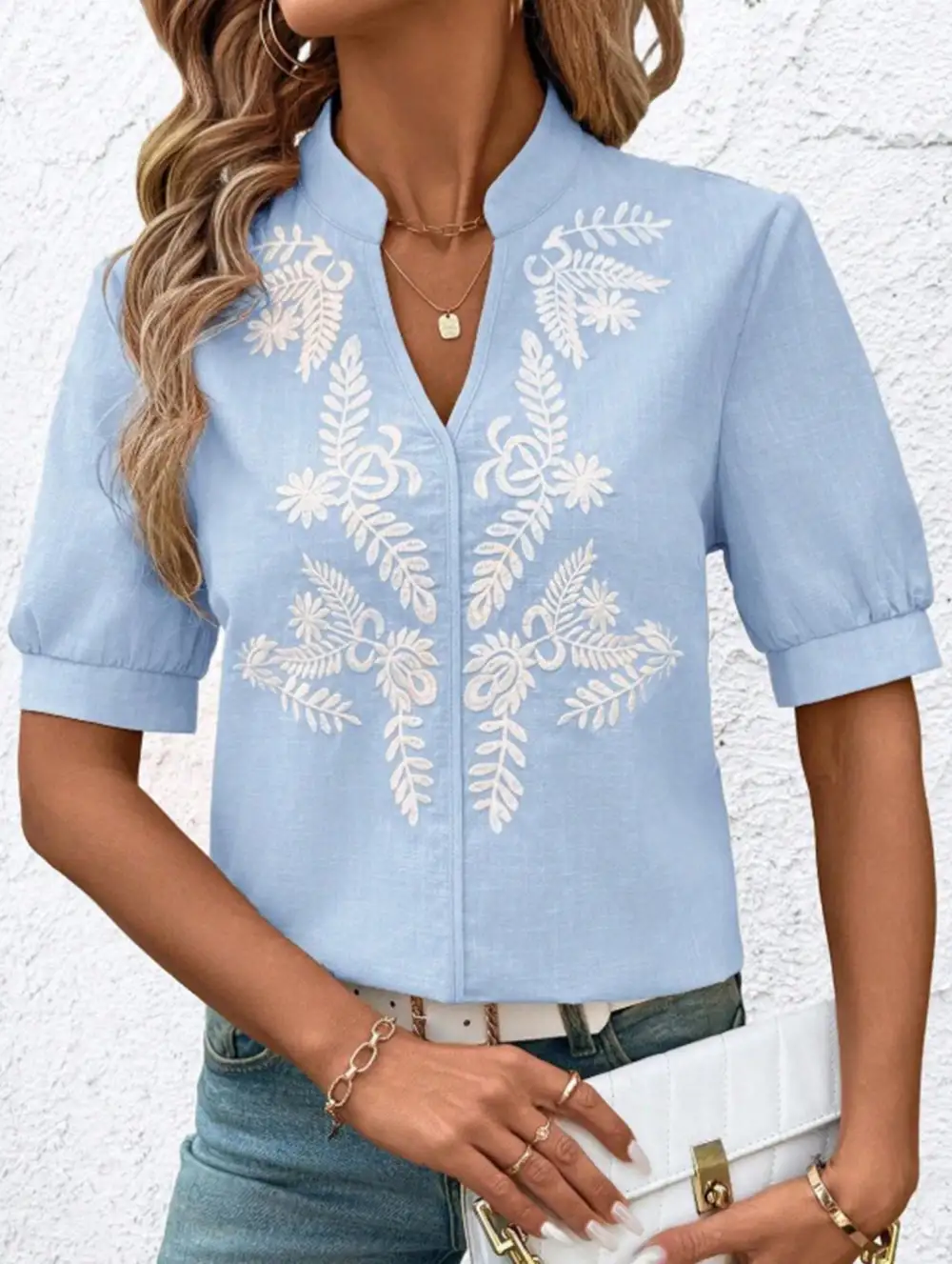 V Neck Embroidered Cotton Short Sleeve Blouse