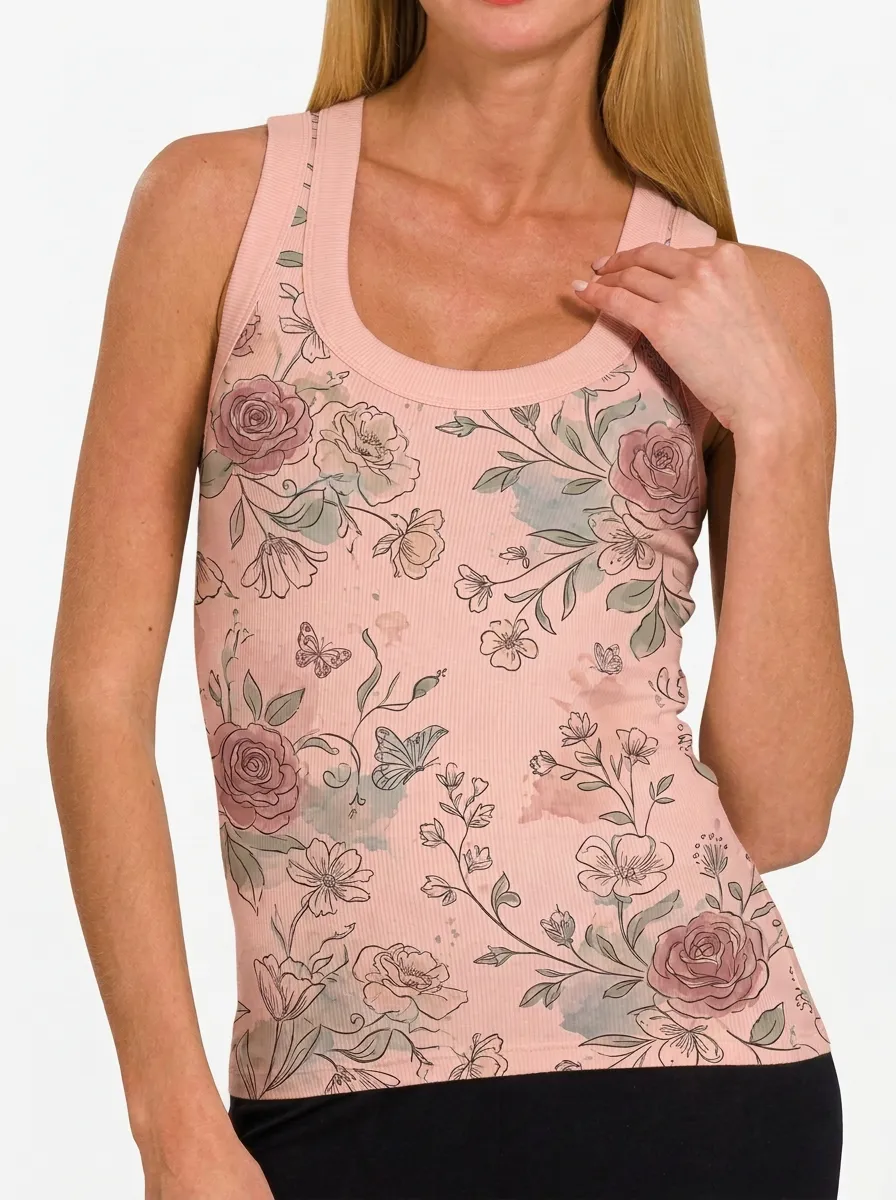 Women's Floral Butterfly Botanical Printed Ribbed Tank Top