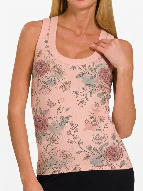 Women's Floral Butterfly Botanical Printed Ribbed Tank Top