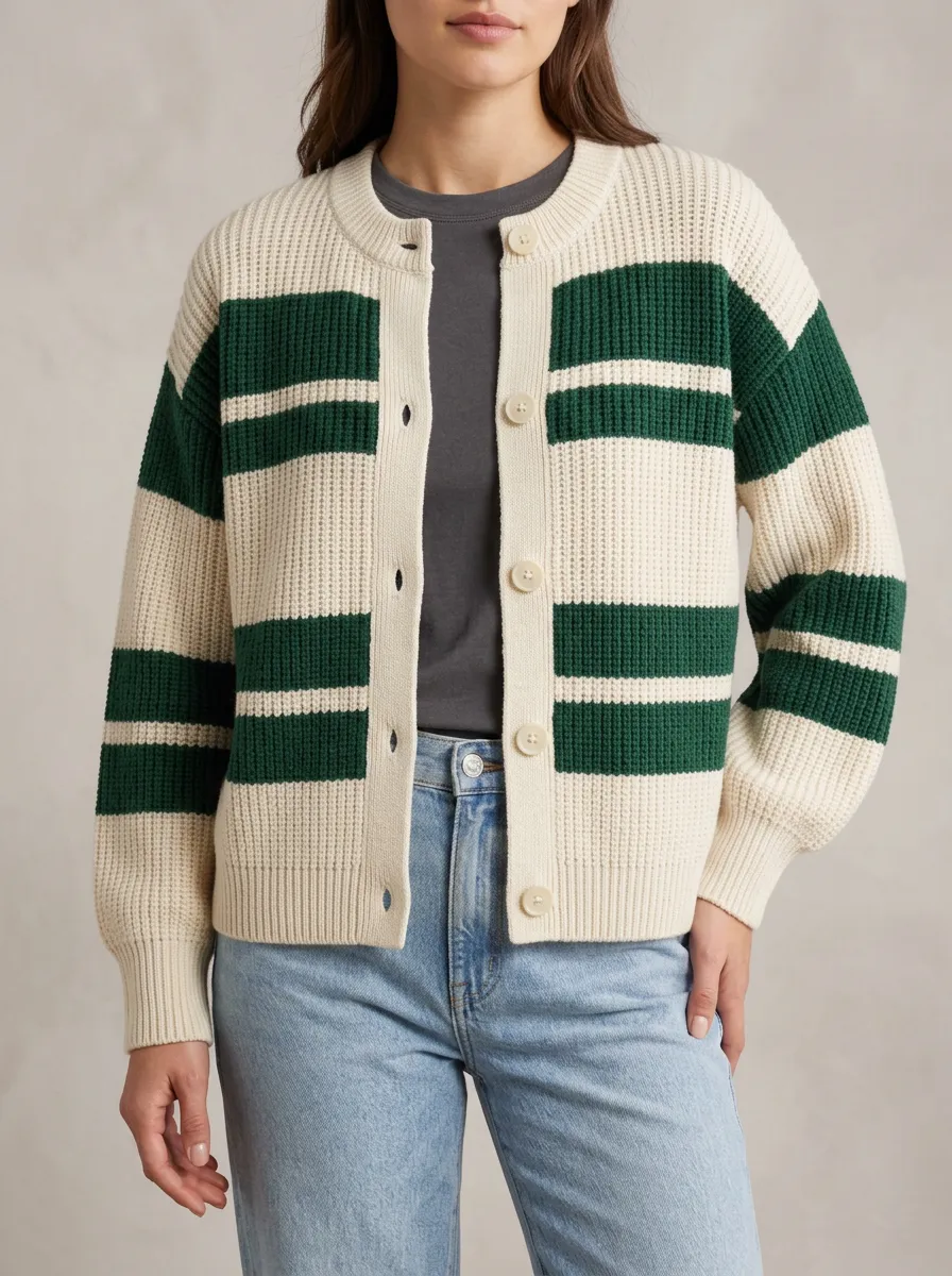 Relaxed Cardigan Distinctive Rugby Striped Knit Cardigan