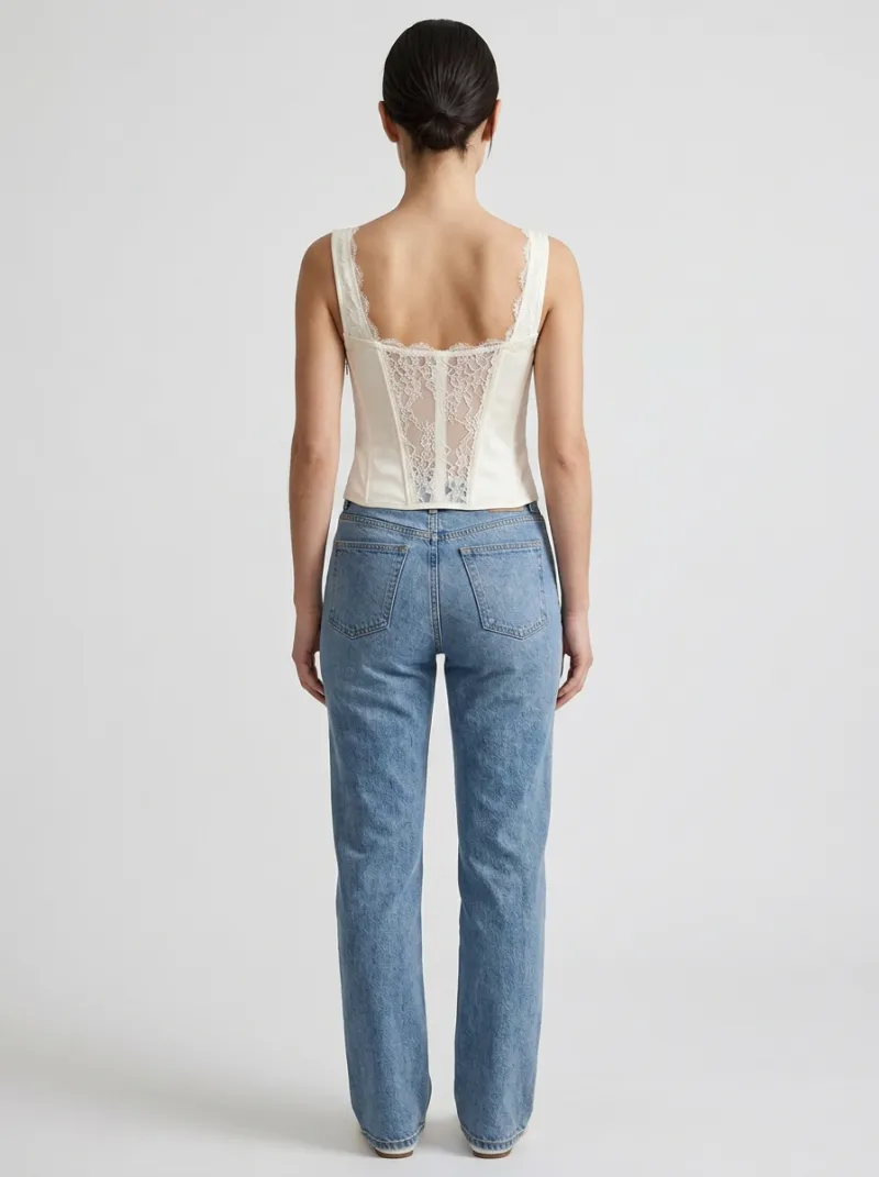 Floral Lace-Trim Satin-Look Vintage-Inspired Women's Corset Top