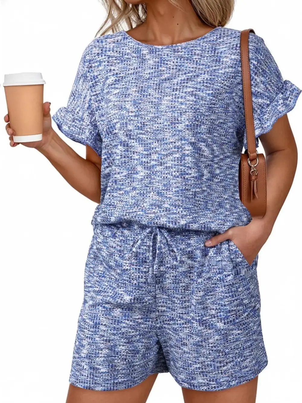 Ruffle Sleeve Textured Top Shorts Set