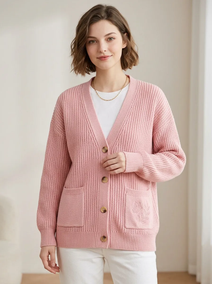 Women's Pink Aesthetic Butterfly Floral Embroidered Knit Cardigan