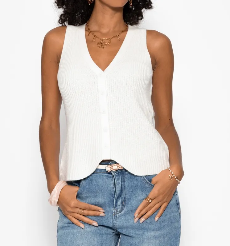 Off White Knit Button Placket Top