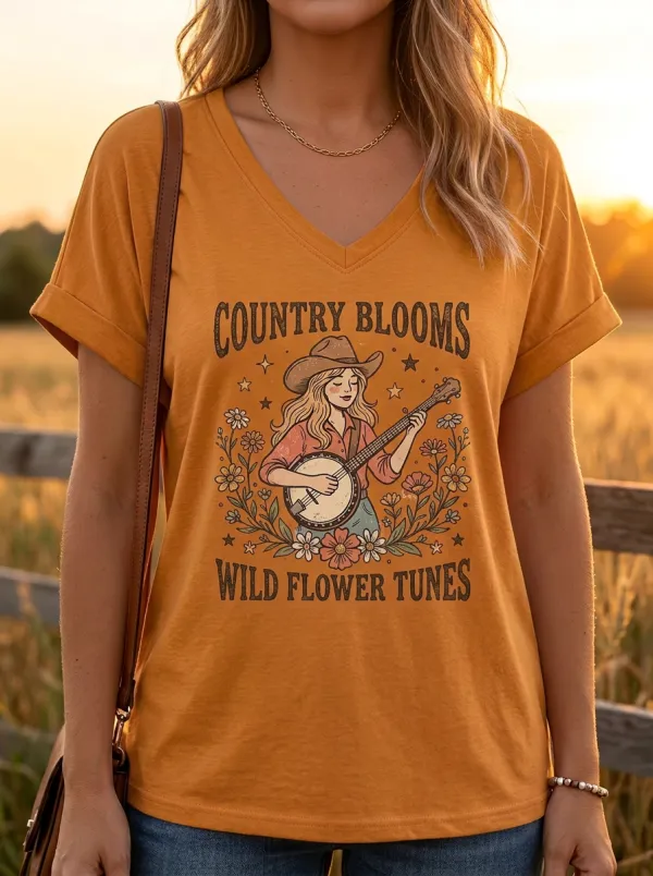 Prairie-Inspired Banjo Floral Custom Country Music V-Neck T-Shirt