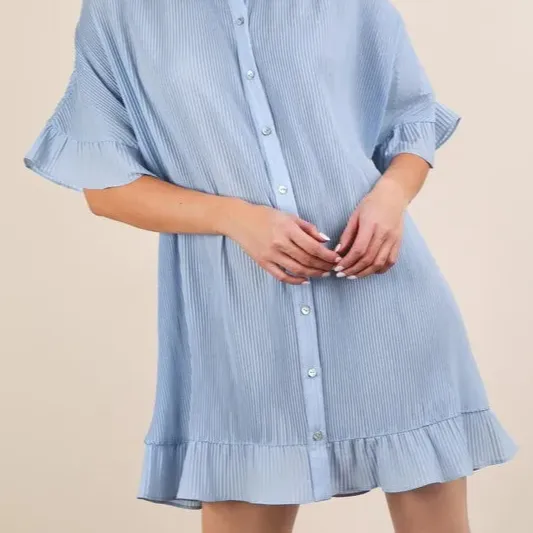 Pleated Detail Button Down Mini Dress