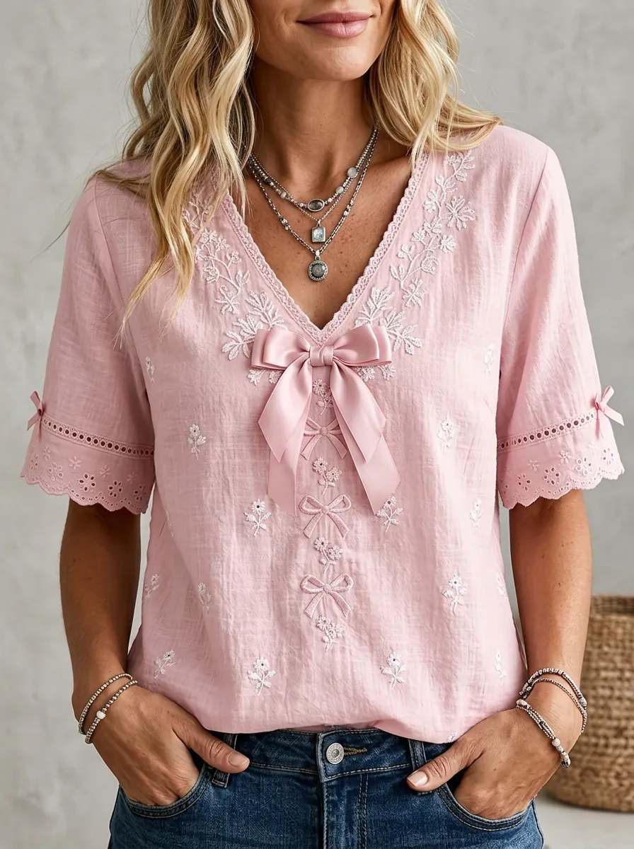 Women's Pink Bowknot Embroidered Floral Printed Top