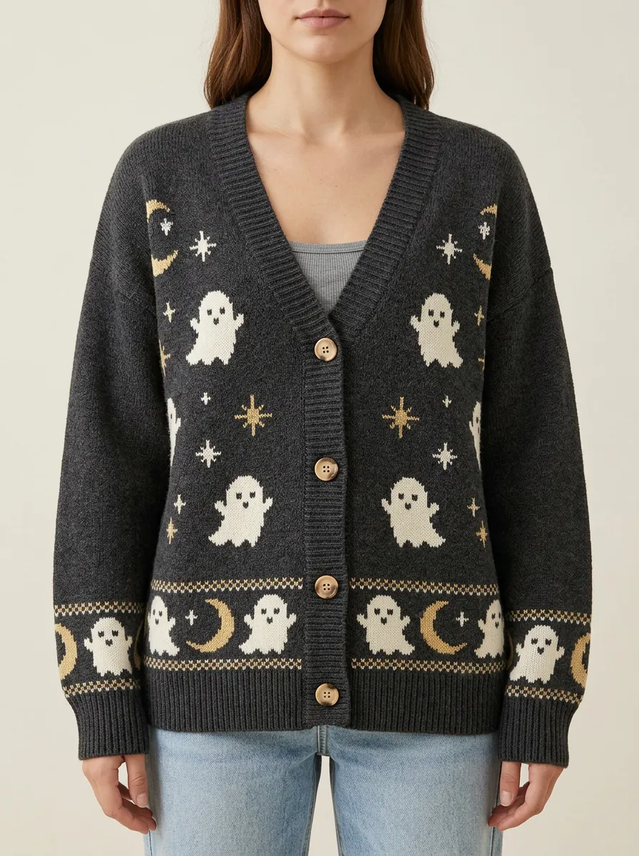 Women's Ghost Moon Star Halloween Print Cardigan
