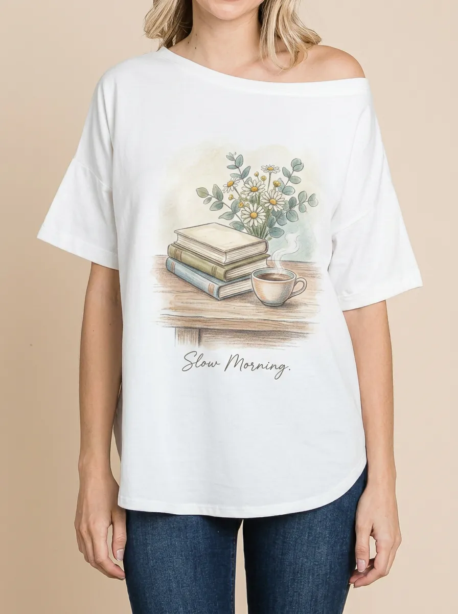 Women's Book Lover Slow Morning Daisy Coffee Printed T-shirt