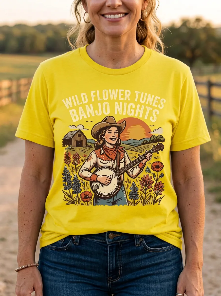 Music-Festival Banjo Wildflower Country Music Crewneck T-Shirt