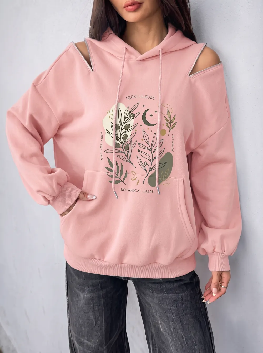 Women's Botanical Moon Olive Branch Printed Cold Shoulder Hoodie