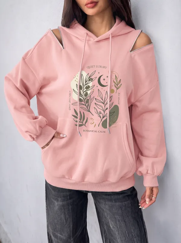Women's Botanical Moon Olive Branch Printed Cold Shoulder Hoodie