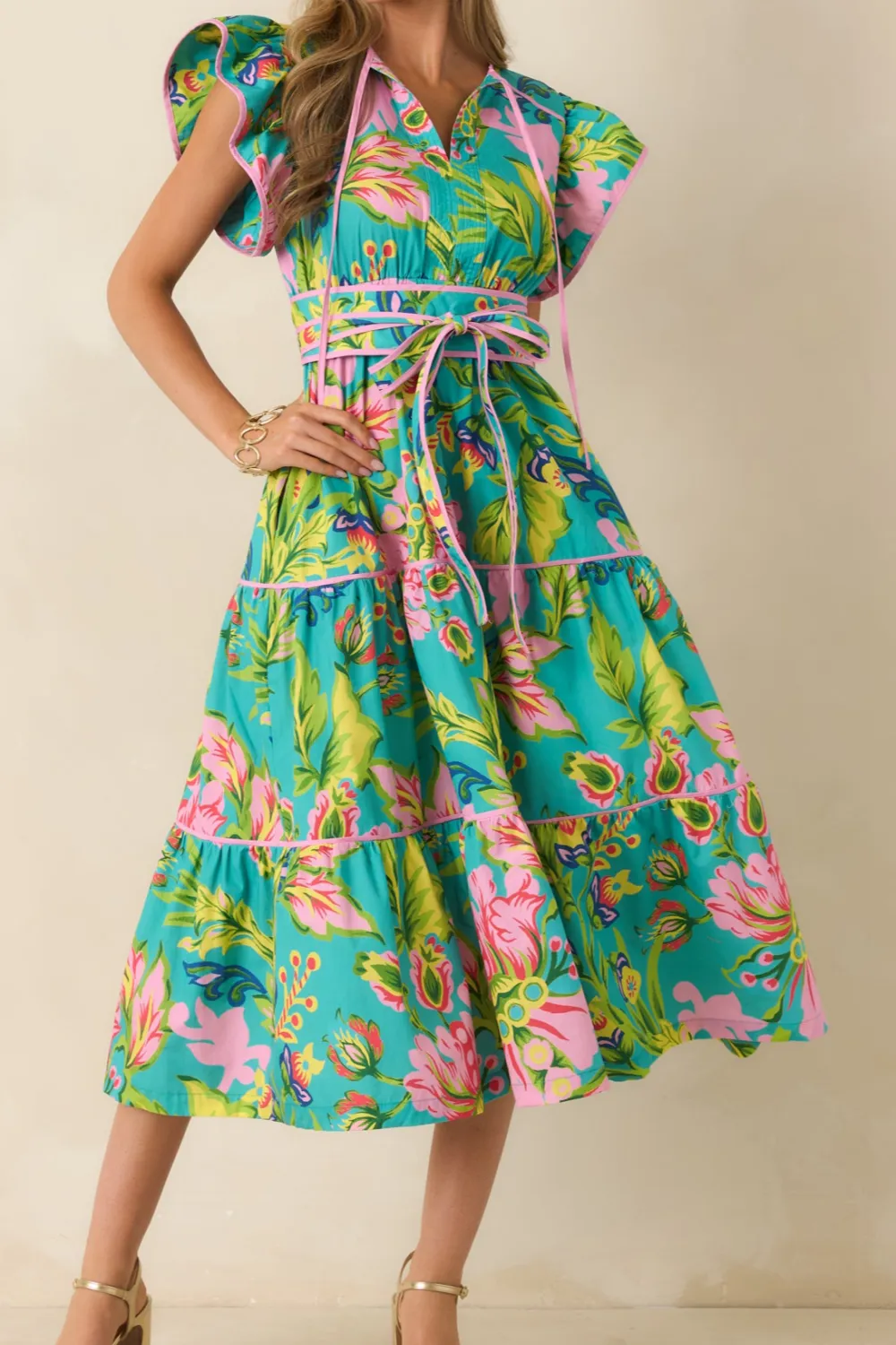 Color Blocking Floral Midi Dress