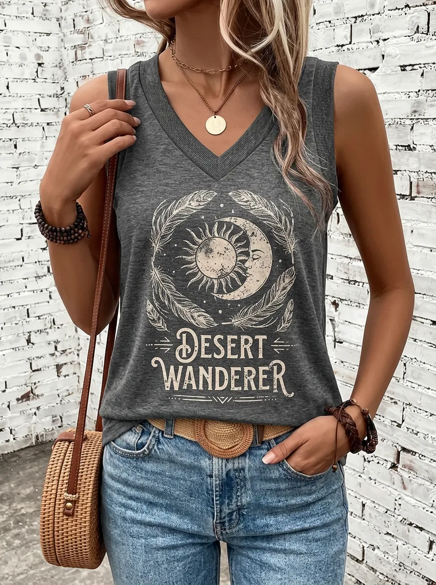 Women's Desert Wanderer Sun Moon Feather Printed Tank Top