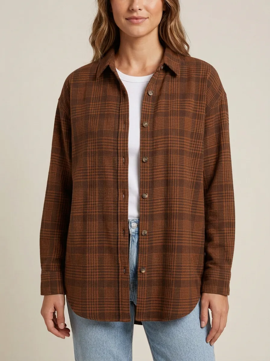Structured Printed Plaid Checkered Plaid Long-Sleeve Shirt