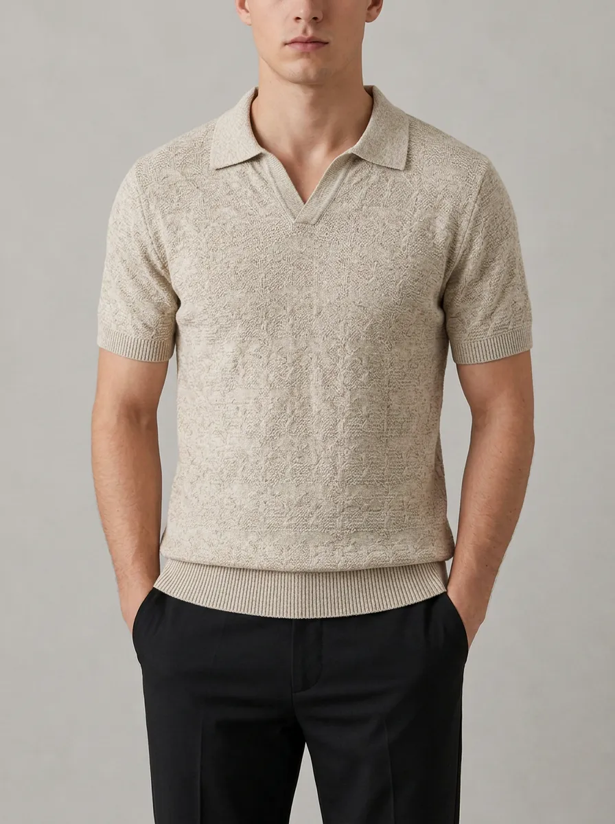 Men's Casual Vintage Textured Beige Knit Polo Shirt