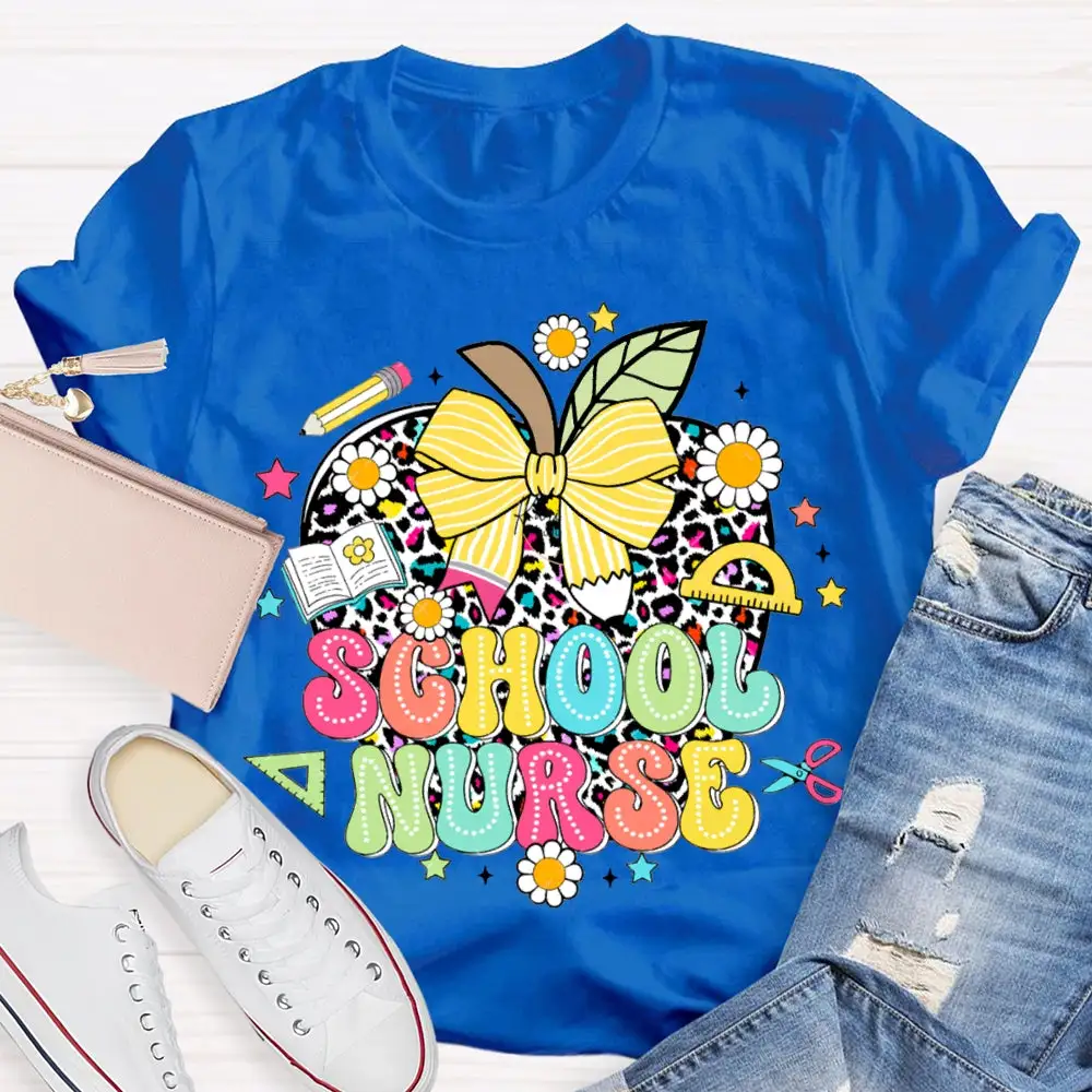 School Nurse Polka Dot Apple And Bow T-Shirt