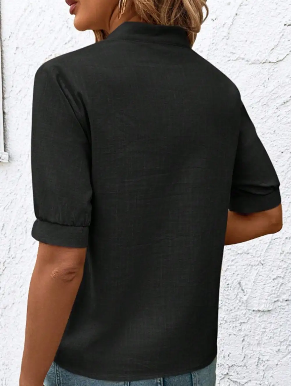V Neck Embroidered Cotton Short Sleeve Blouse