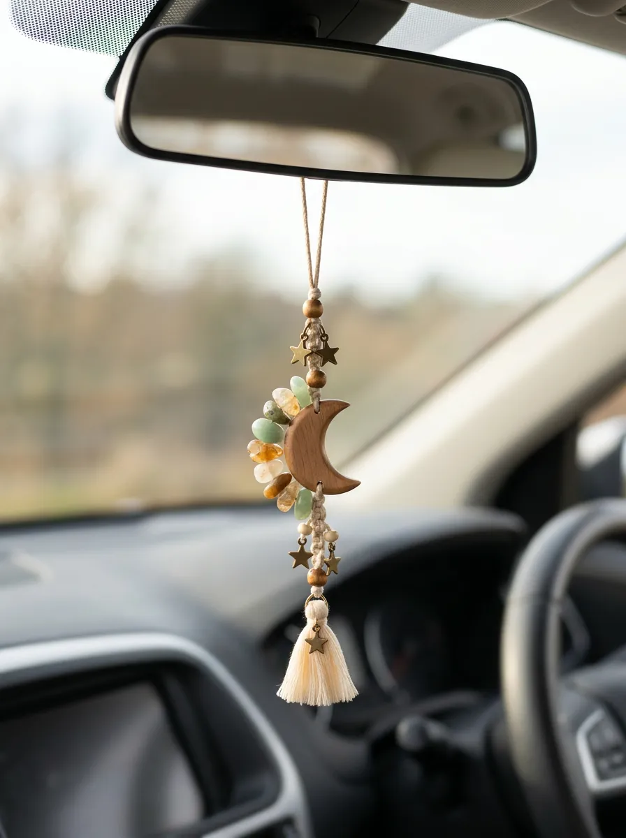 Macrame Moon-Star Crystal Rearview Mirror Hanging Ornament