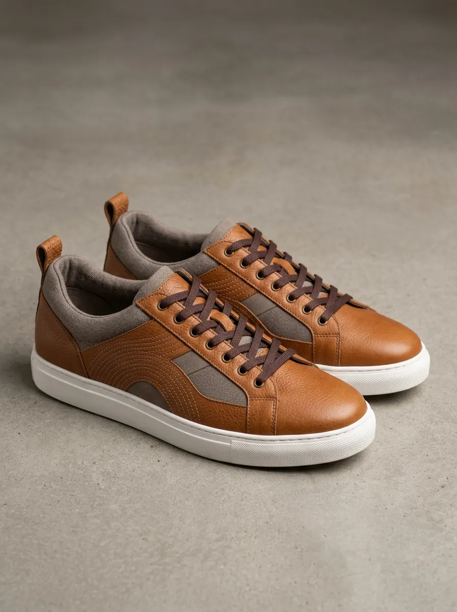 Men's Casual Leather Contrast Fabric Print Sneakers