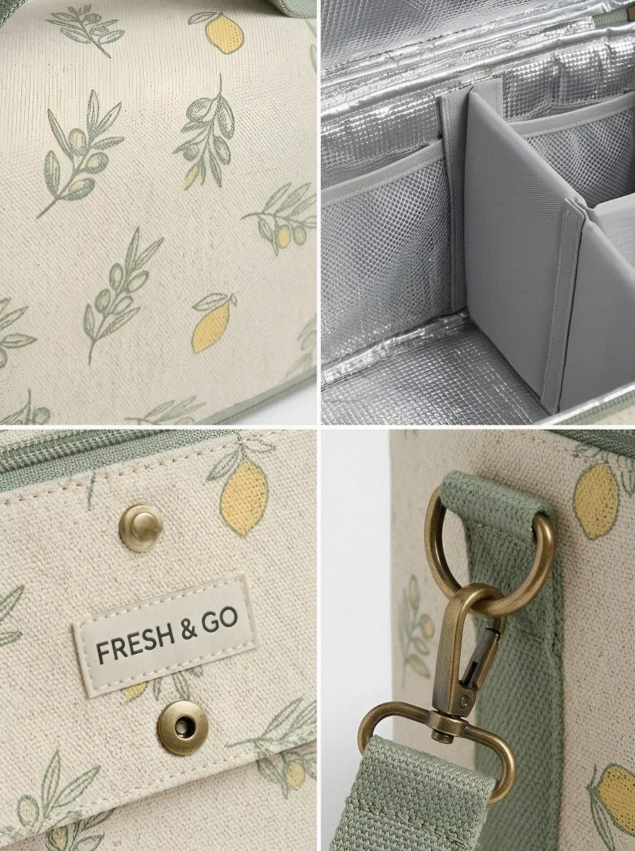 Lemon Olive Botanical Pattern Printed Insulated Lunch Bag