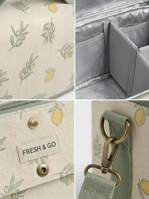 Lemon Olive Botanical Pattern Printed Insulated Lunch Bag
