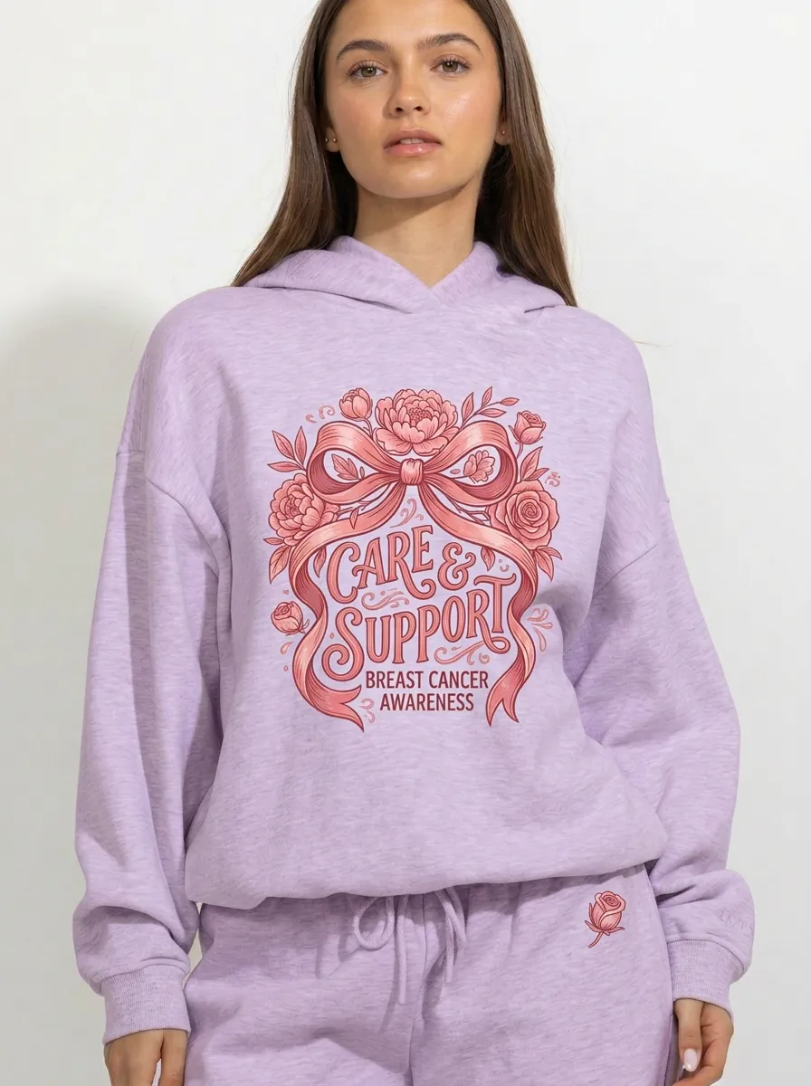 Women's Breast Cancer Awareness Care & Support Floral Ribbon Printed Hoodie