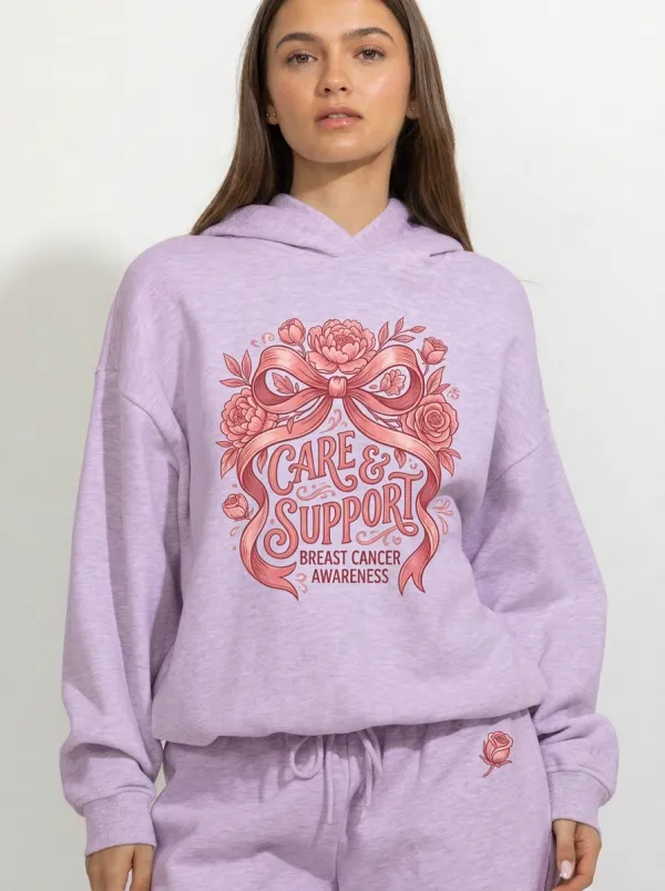 Women's Breast Cancer Awareness Care & Support Floral Ribbon Printed Hoodie