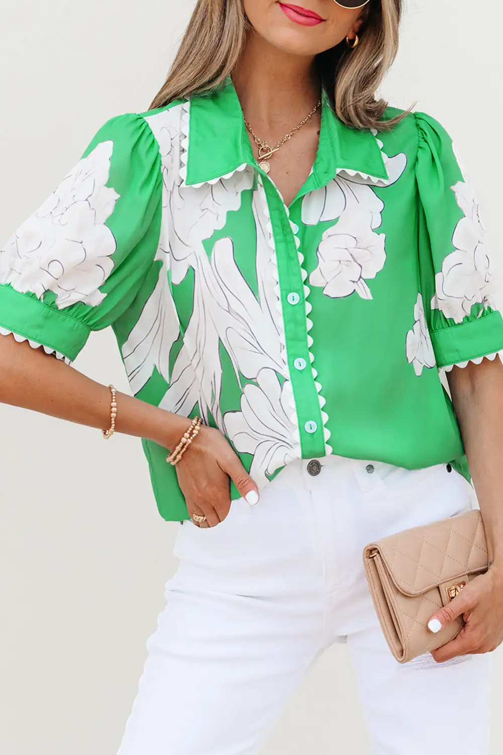 Floral Puff Sleeve Short Sleeve Shirt Blouse