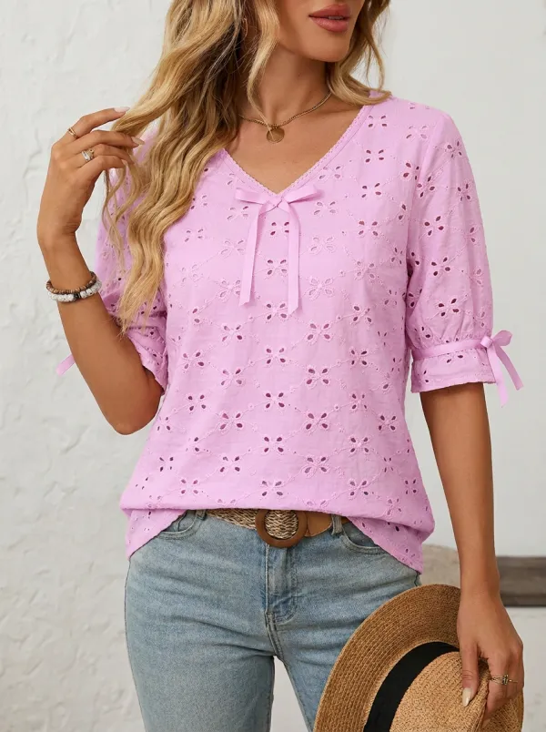 Women's V-neck Tie-neck Embroidered Blouse