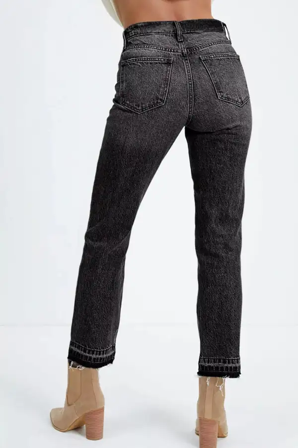 High-Waisted Distressed Hem Straight Leg Jeans For Ladies
