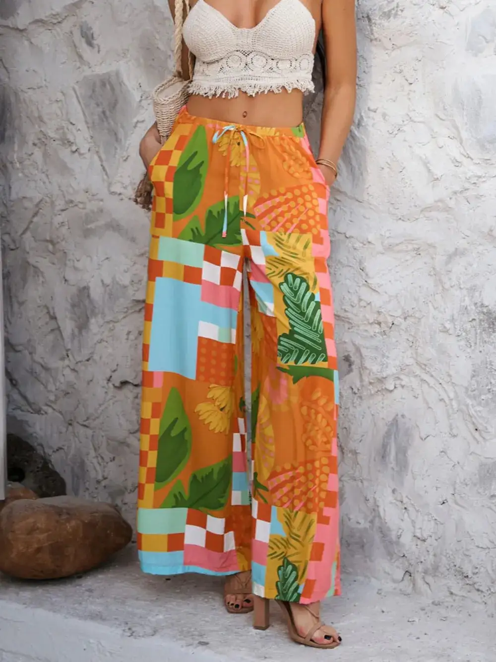 Wide Leg Drawstring Printed Pants