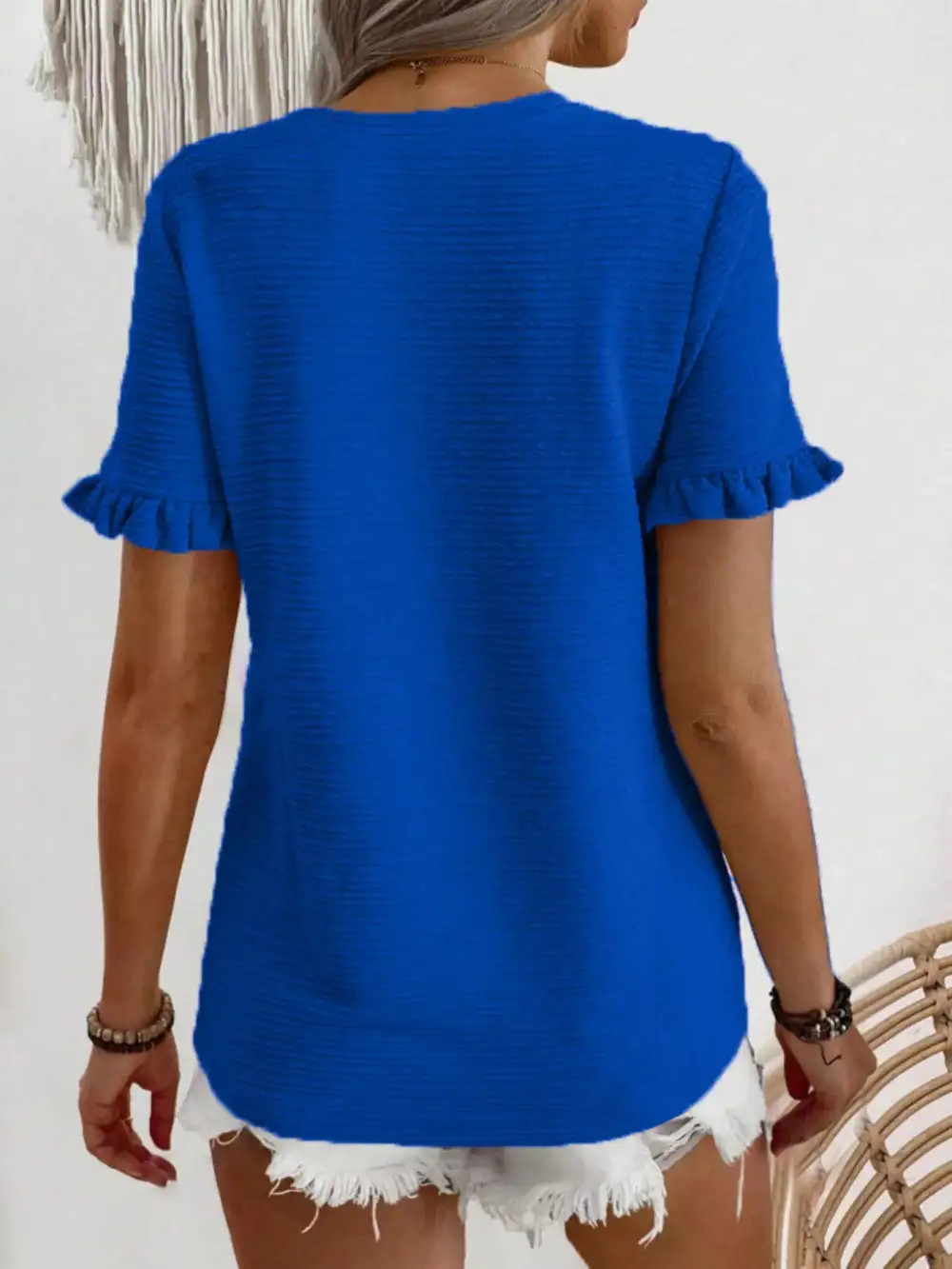 Textured Ruffle Sleeve Round Neck Blouse