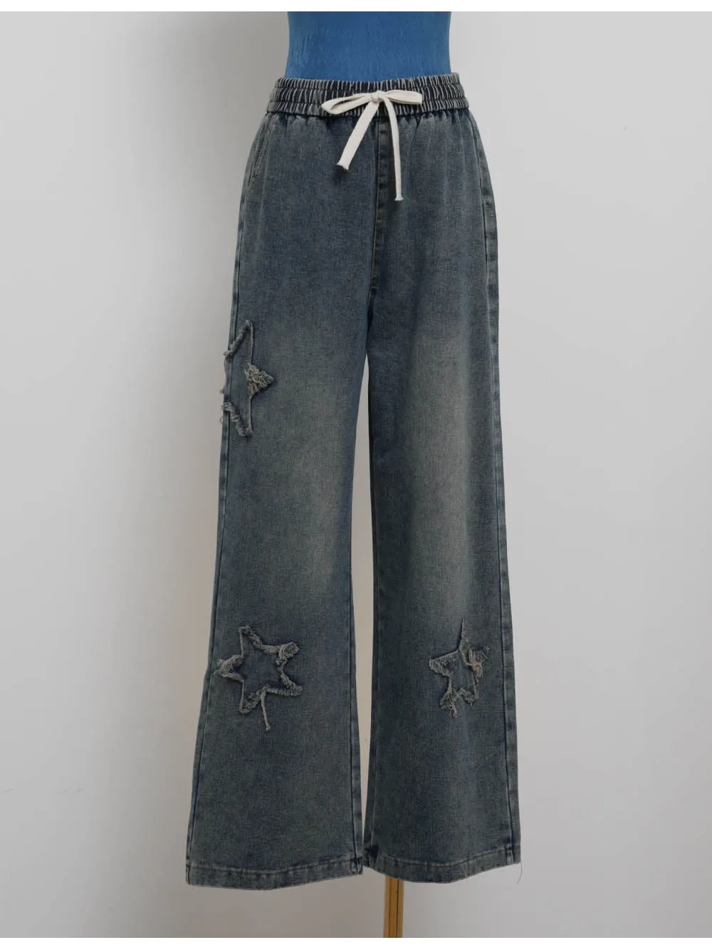 Star Distressed Drawstring Waist Wide Leg Denim Pants