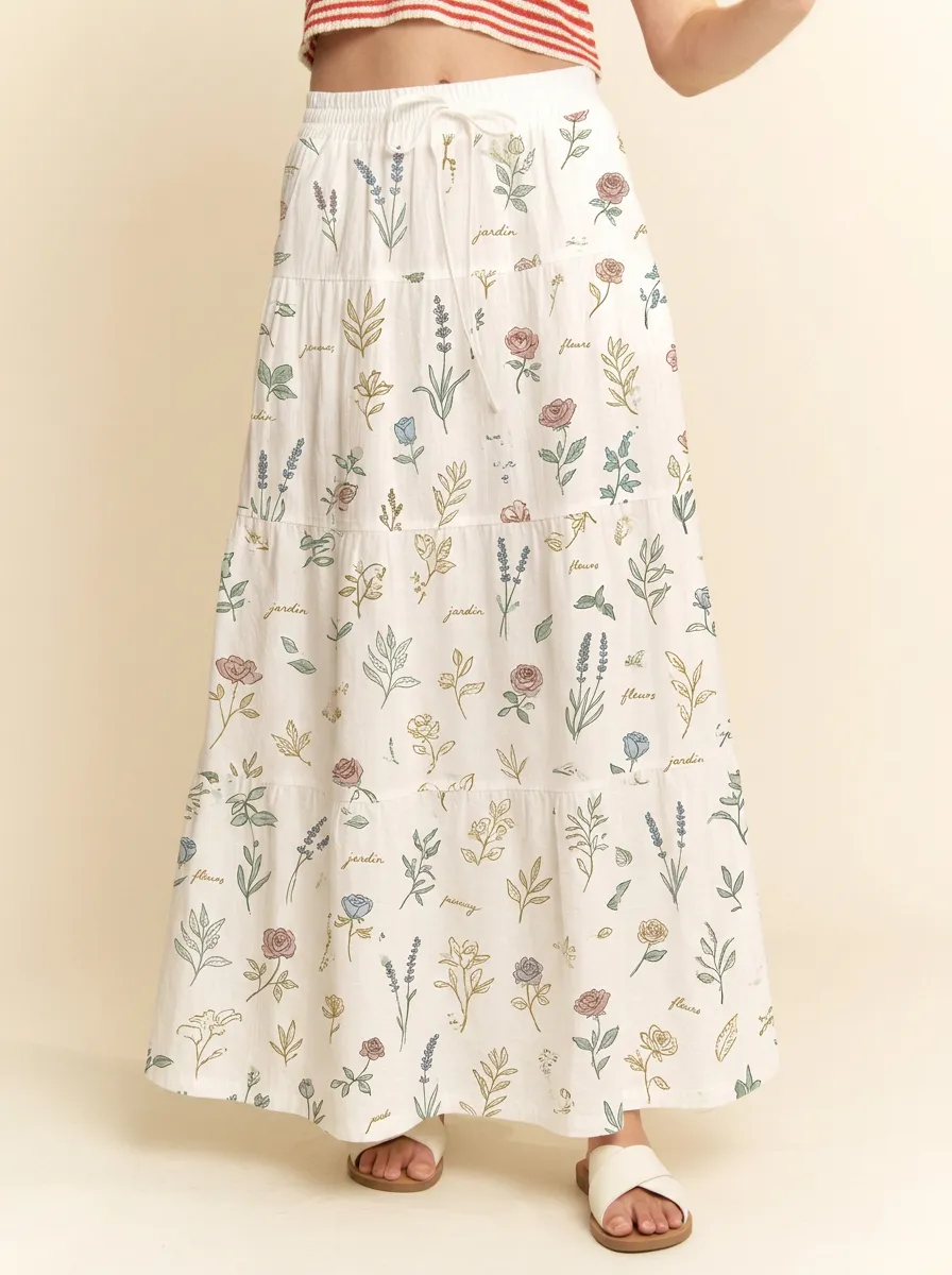 Women's Botanical Garden Floral Printed Tiered Maxi Skirt