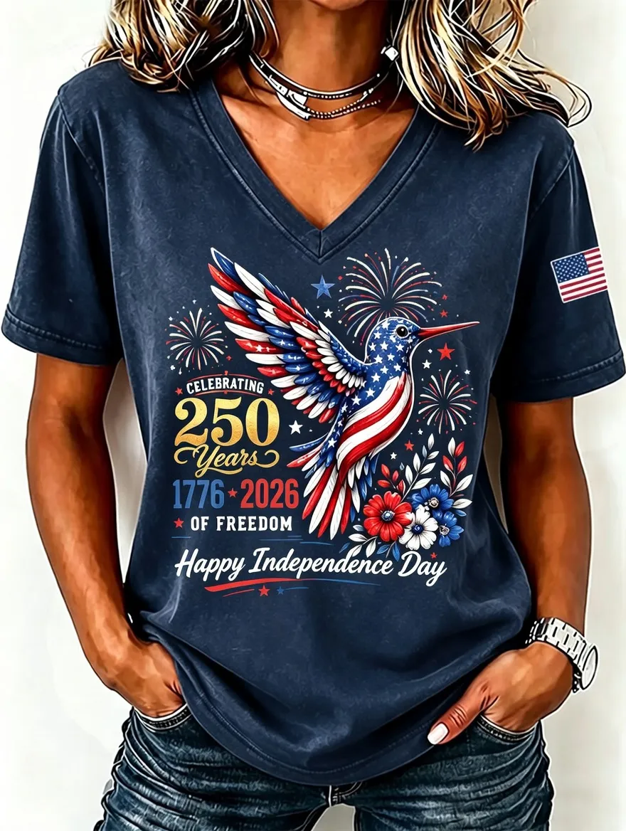 Women'S American Flag Hummingbird Printed Casual V-Neck T-Shirt
