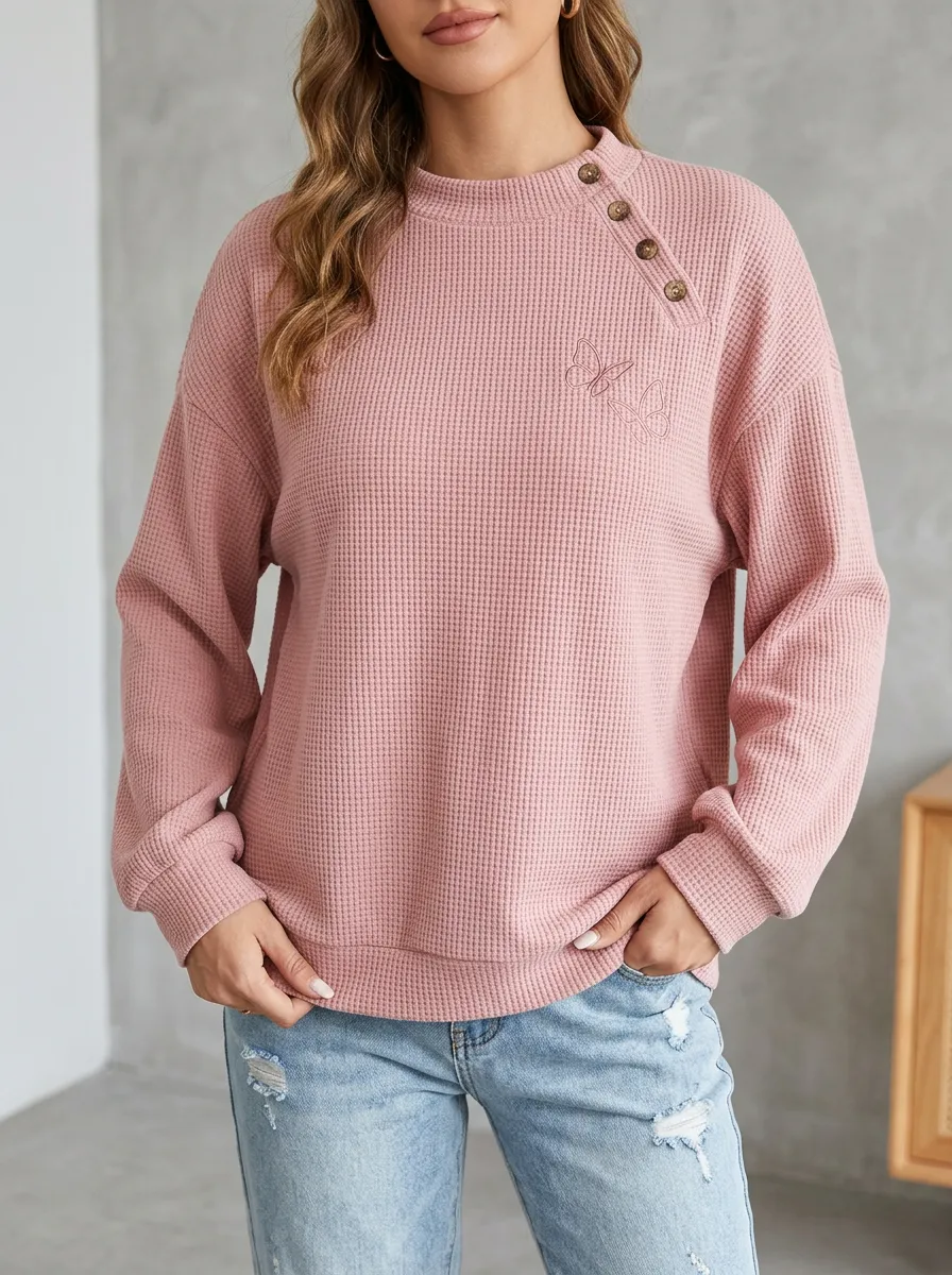 Women's Pink Butterfly Embroidered Waffle Knit Buttoned Sweatshirt