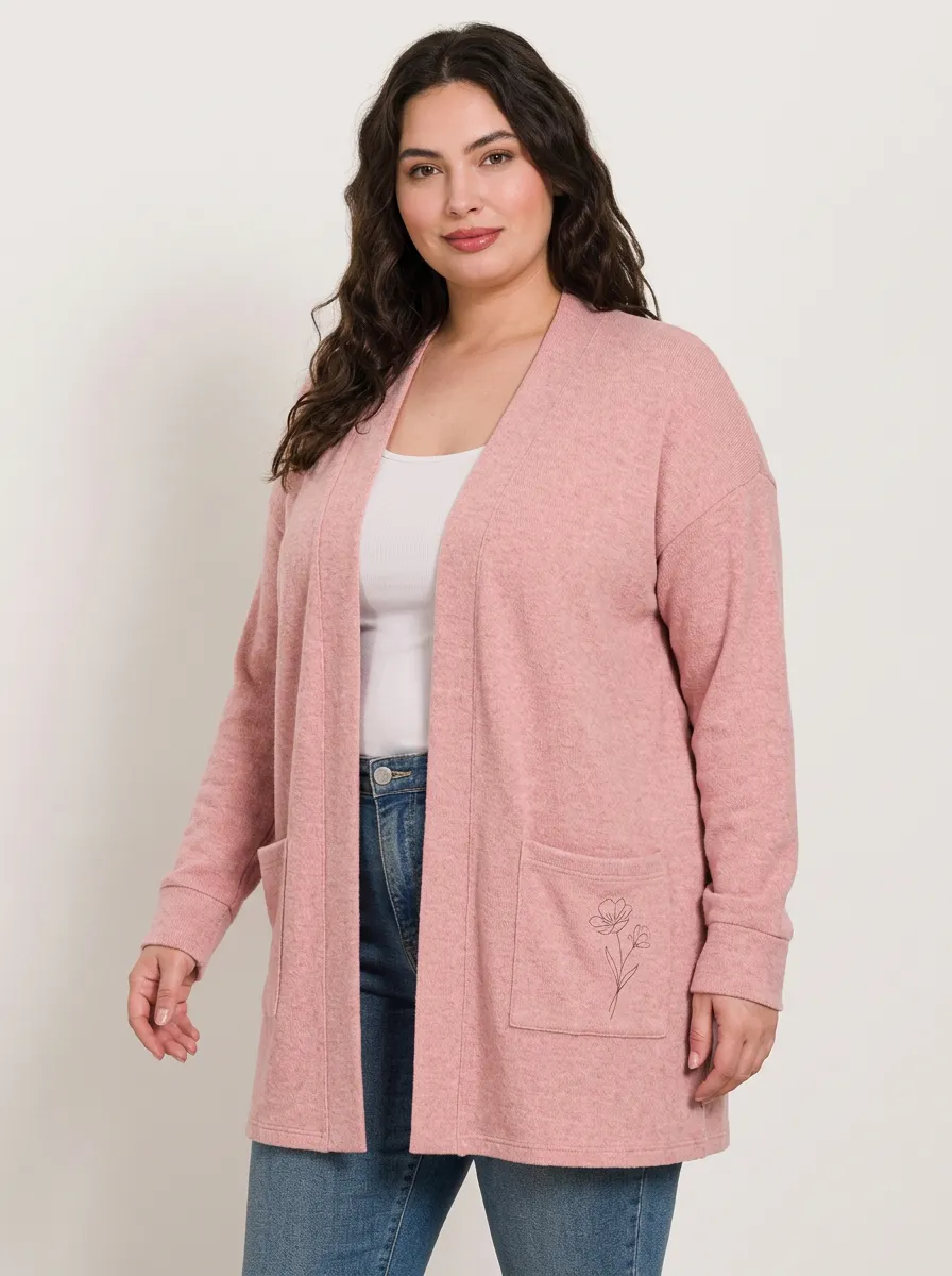 Pink Effortless Floral Minimalist Line Art Print Cardigan