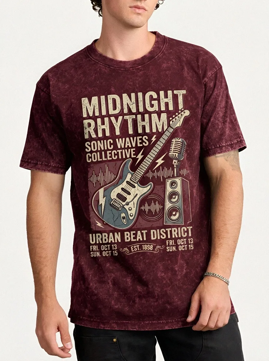 Men's Music Lover Electric Guitar Microphone Printed Acid Wash T-shirt