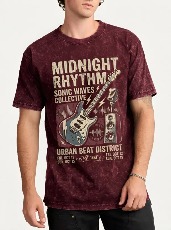 Men's Music Lover Electric Guitar Microphone Printed Acid Wash T-shirt