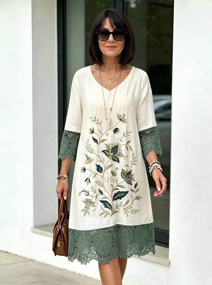Women's Summer Vacation Floral Embroidery Lace Trim Printed Dress