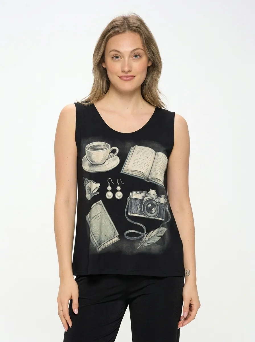 Women's Coffee Book Camera Hobbyist Printed Tank Top