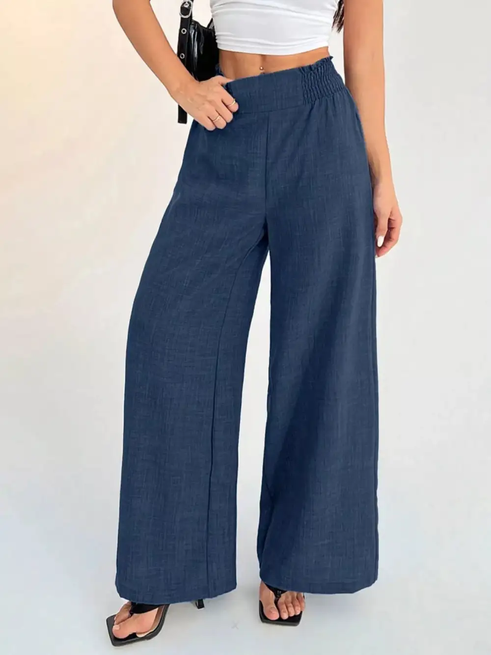 Wide Leg Elastic Waist Smocked Waist Casual Pants