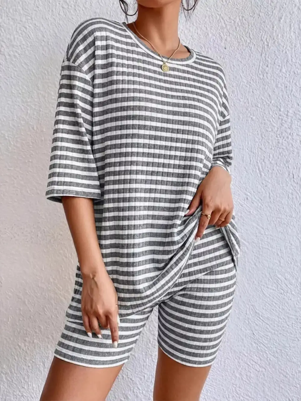 Striped Round Neck Top Shorts Set