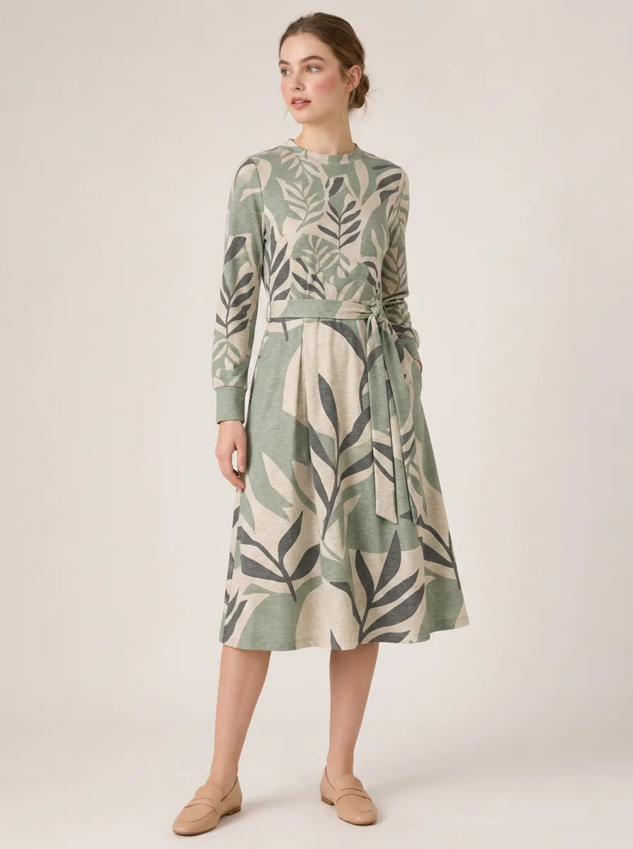 Women's Botanical Nature-Inspired Leaf Tie-Waist Midi Dress