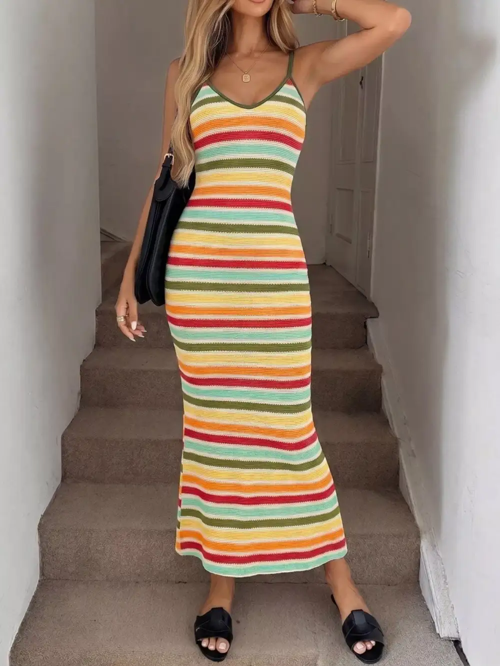Bodycon Knit Striped Midi Dress